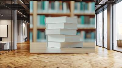 A stack of books on a table in a library. The books are all different sizes and are arranged in a neat stack.  Wall mural