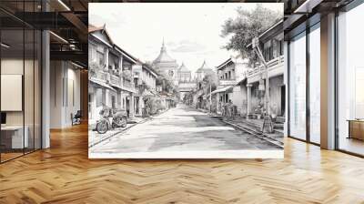 A typical view of an old small town in Southeast Asia. It is usually inhabited by Chinese immigrants who were brought by the colonists. Black and white pencil & watercolor illustration.
 Wall mural