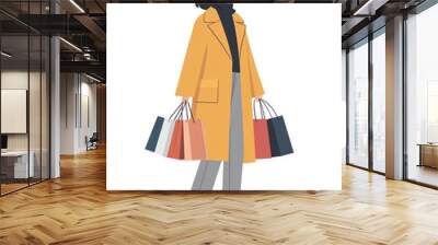 A woman wearing a medical mask, walking and shopping with several bags in her hands. Wall mural