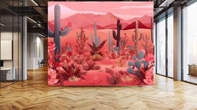 An illustration of the desert with cacti and flowers, pink and red color palette.  Wall mural