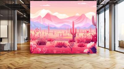 An illustration of the desert with cacti and flowers, pink and red color palette.  Wall mural