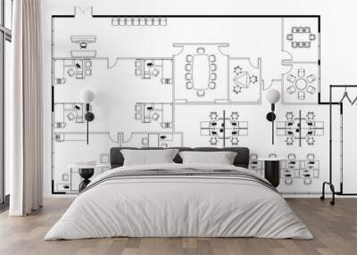 An office layout drawing complete with the office furniture in 2D CAD drawing. Drawing in black in white.  Wall mural