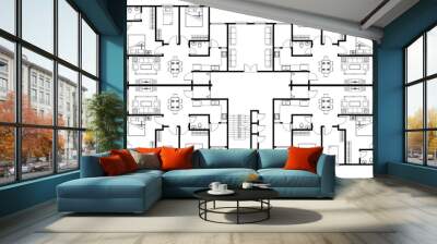 Architect's layout drawing of 4 medium size apartments with 3 bedrooms complete with furniture. 2D drawing using CAD in black and white. 4 houses sharing the same floor. 
 Wall mural