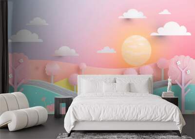 Beautiful journey road trip with car in spring and paper cut style natural pastel color scheme background. Wall mural