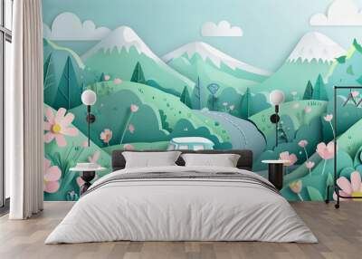 Beautiful journey road trip with car in spring and paper cut style natural pastel color scheme background. Wall mural