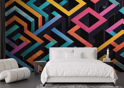 Black background with colorful lines in the shape of isometric squares, arranged horizontally and vertically to form a maze pattern.  Wall mural