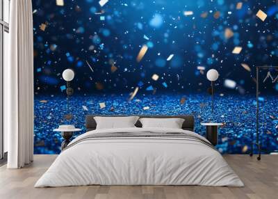 Blue confetti falling on a blue background with bokeh and copy space for design. Wall mural