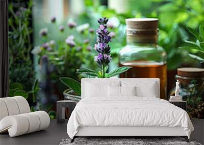 Bowl filled with herbal tea on a wooden table, surrounded by various herbs. Wall mural