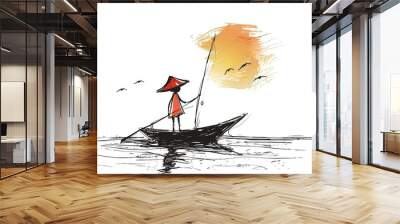 Children hand drawn of the fisherman in a boat. Stick figure illustration isolated on a white background. Wall mural