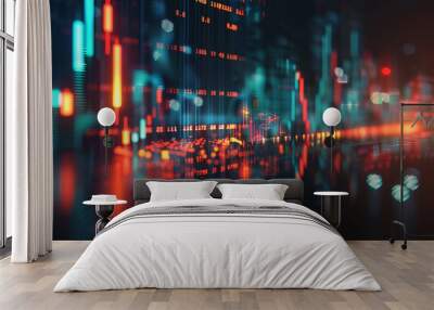 Digital display, options chart, stock market index chart glowing on a dark background.  Wall mural