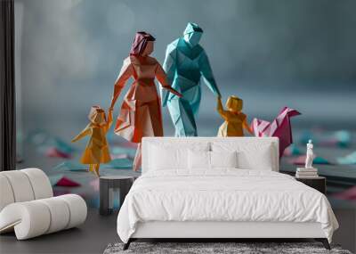 Family-shaped origami photography concept with a minimalist style. Using light from one direction as lighting. Wall mural