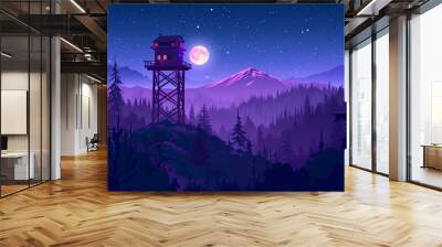 Firewatch tower in the middle of a forest. Simple illustration with flat design, mountains and a moon in the background.  Wall mural