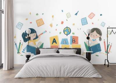 Illustration of cartoon children with books, globe, and pencil on cubes in a school background.  Wall mural