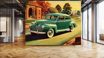 Image of a classic 1940 Plymouth car in a setting out for an advertisement. Brightly colored just like the color in its heyday. Wall mural