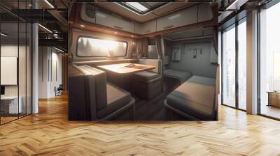 Interior illustration of a camper van. Basic furniture and basic needs are provided. The furniture is built using wood because it is light and easy to build. Windows are provided for natural lighting. Wall mural