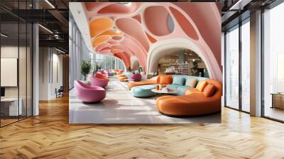 Lounge area design with an organic design concept, abstract and full of curve elements. The vibrant and playful color palette for the interior wall and furniture.  Wall mural