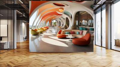 Lounge area design with an organic design concept, abstract and full of curve elements. The vibrant and playful color palette for the interior wall and furniture.  Wall mural