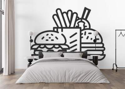 Outline icon of a plate of fast food. Minimal style on white background.  Wall mural