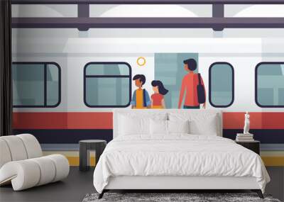 Passengers are using the metro public transport facility to their respective destinations. 2D cartoon style flat illustration. Wall mural