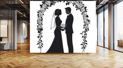 Silhouette of a bride and groom under an arch with roses, a black monochrome silhouette on a white background. Wall mural