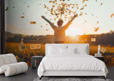 Someone is shouting happily and throwing money in the air. Wall mural