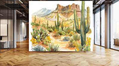 Western desert watercolor illustration. Covered by various types of cacti with a background of barren hilly terrain. Wall mural