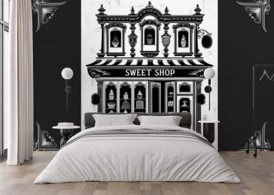 Black and white illustration of a vintage sweet shops with sweets on display. AI Wall mural