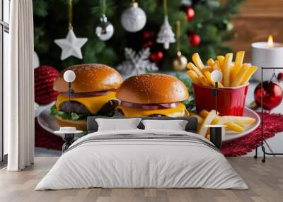 Burgers and french fries on festive Christmas background. Christmas dinner concept. AI generated Wall mural