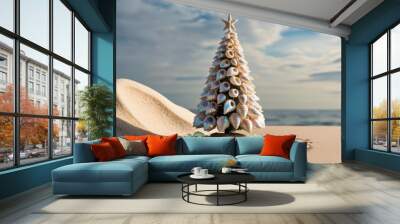 Christmas tree from sea shells and starfish on sea background. AI Wall mural