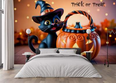 Cute cartoon black cat with halloween pumpkin basket on orange background. AI generated banner. Trick or treat Wall mural