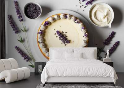 Delicious baked cheese cake with lavender and Lavender flowers garnish against white background. Top view. AI generated Wall mural