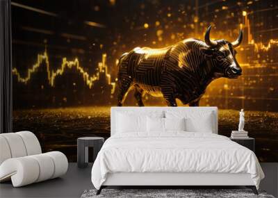 Golden bull on abstract financial chart stock market with golden lines on dark background. The concept of finance, investment, cryptocurrency, investing money, financial crises. AI Wall mural