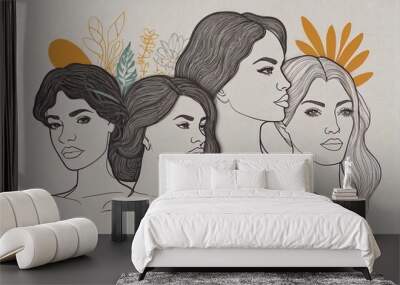 Group of young female standing together, Friends standing together. Concept of woman friendship, continuous one line drawing. Feminist together. AI generated Wall mural