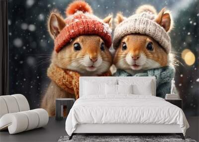 Two cute squirrels in knitted hats and scarves hugging each other under falling snowflakes. Concept of love, friendship, family, Valentine's day. AI generated Wall mural