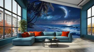 Palm trees beach in the moon night Wall mural