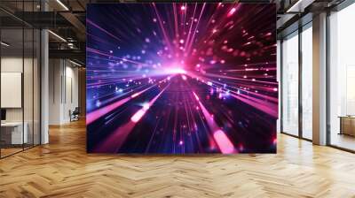 Abstract background showing light speed with blur, zoom effect and stripes converging in the distance on a grid, ideal for technology, science or communication themes Wall mural