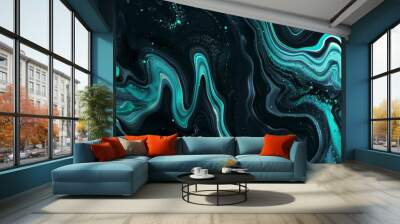 Captivating abstract fluid art painting featuring a mesmerizing turquoise and black color scheme Wall mural