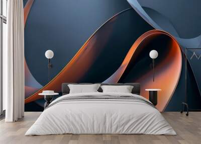 Copper and blue metallic wave design flowing across a dark background, creating an abstract and modern art piece Wall mural