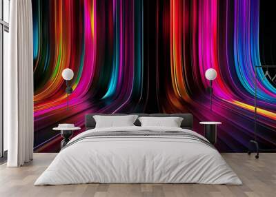 Dynamic energy and motion in modern design as vibrant colorful lines merge on dark backdrop. Rainbow gradients for tech concepts add a lively touch Wall mural