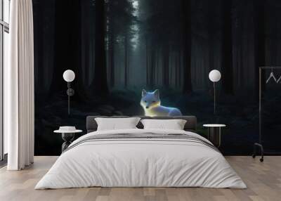 Colorful Artistic Portrait Digital Painting Illustration of a Young White Fox in the Forest at Night Digital Generative AI Art Wall mural