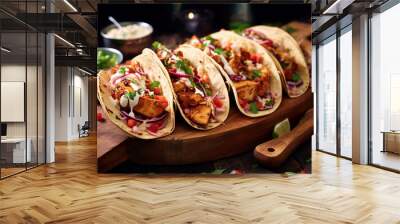 Crispy grilled chicken Tacos with vegetables served in wooden plate AI-Generated  Wall mural