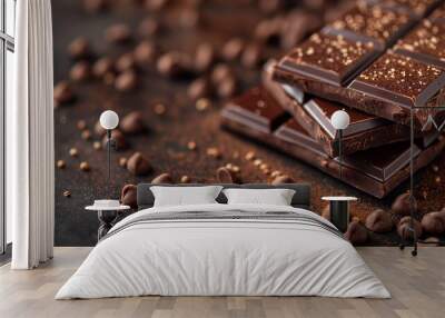 Pieces of dark chocolate in a bowl on a wooden table background Wall mural