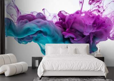 Purple and teal dye ink in water on white background Wall mural