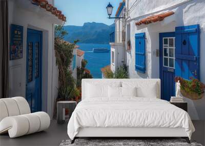 Street with white buildings and blue doors and windows on island country, vibrant airy scenes  Wall mural