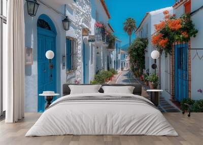 Street with white buildings and blue doors and windows on island country, vibrant airy scenes  Wall mural