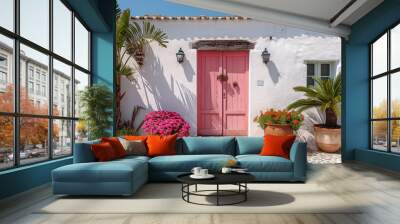 The picturesque and charming island. Beautiful pink wooden door with flowers on the white wall  Wall mural