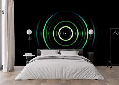 Abstract green circle effect with light blue rings sound waves oscillating on black background Wall mural