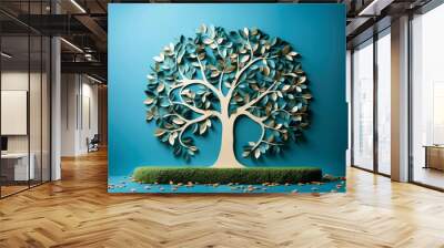 Ecosystem restoration, environment day concept tree background. Recycle icon paper cut banner with forest. Ecology project concept, Generative AI illustration Wall mural