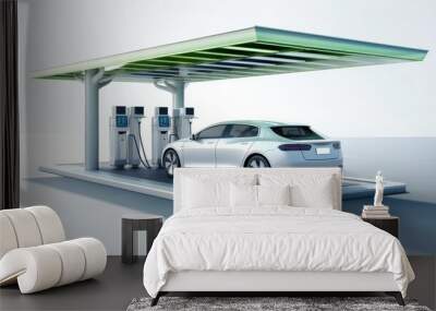 Electric car at futuristic charging station. Selected focusing. Eco alternative transport and battery charging technology concept, electric hybrid machine Wall mural