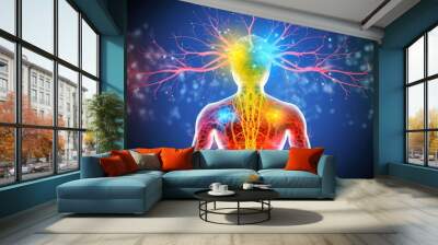 Illustration of thought energy . Head of person and neural network of brain with a problematic areas, Psychic waves concept, Generative AI illustration Wall mural